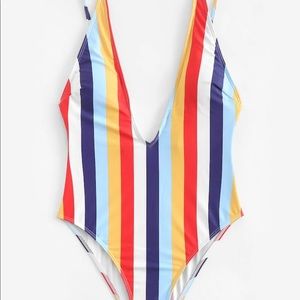 Plunging Striped One Piece Swimsuit